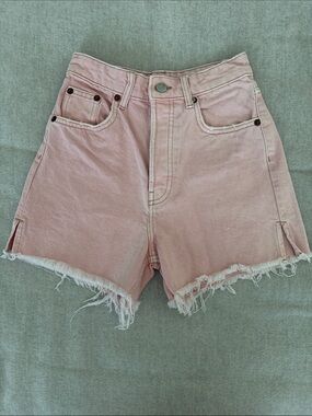 Zara Light Pink Frayed-Hem Denim Shorts